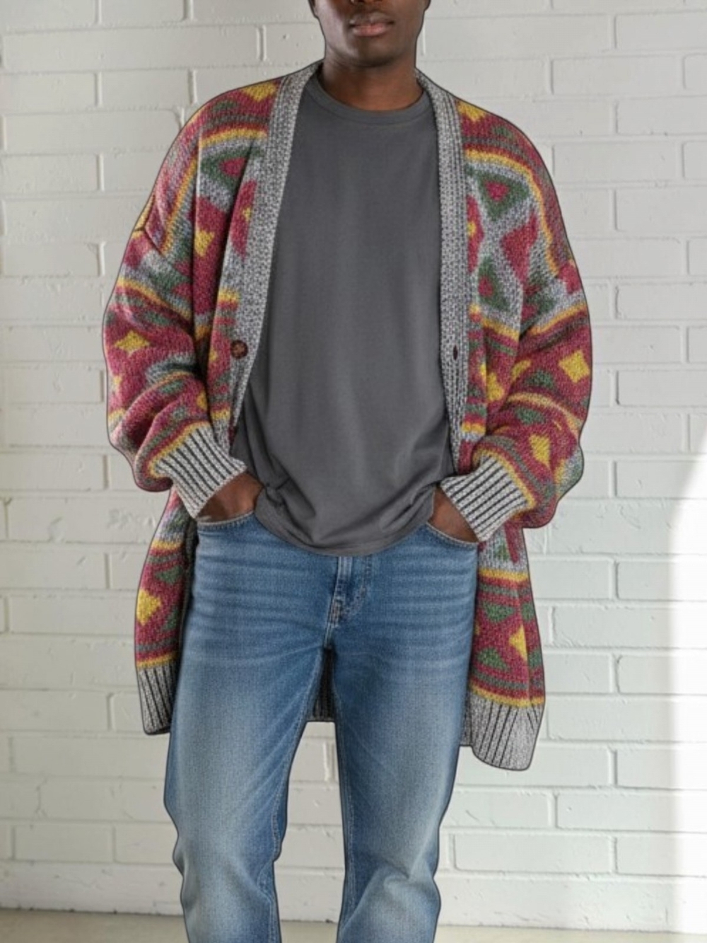 ​Vintage 90s Structure Handknitted Oversize Grandpa Cardigan Sweater Large Ramie